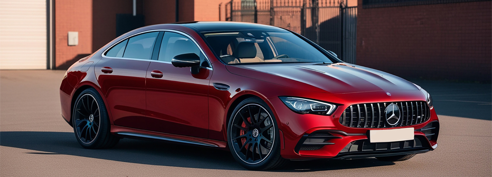 A red Mercedes AMG GT luxury car parked outside a building